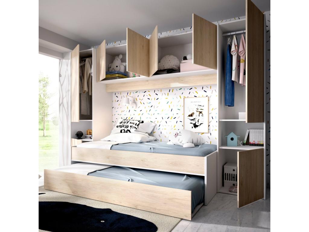 Lit enfant Vertchez Chambre complète avec armoire bridge et commode Composition avec lit et lit simple extractible 303x97h203 cm Chêne et Blanc