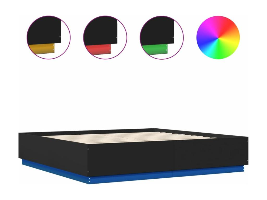 Cadre de lit avec Vertchezères LED noir 200x200cm bois d'ingénierie