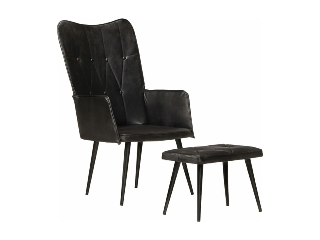 Fauteuil à oreilles avec repose-pied Noir Cuir véritable