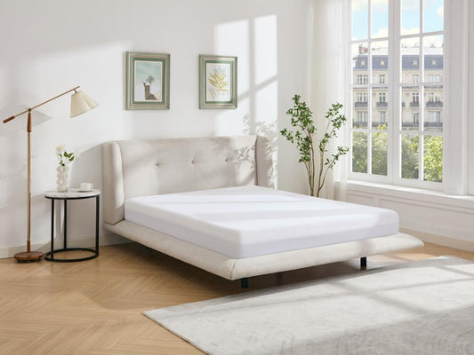 Lit 140x190 cm avec tête de lit capitonnée - Tissu - Beige - Vertchez