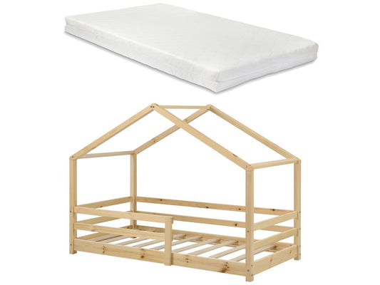 Lit Cabane Vertchez Avec Grille De Protection Matelas Mousse À Froid 200x90Cm Naturel