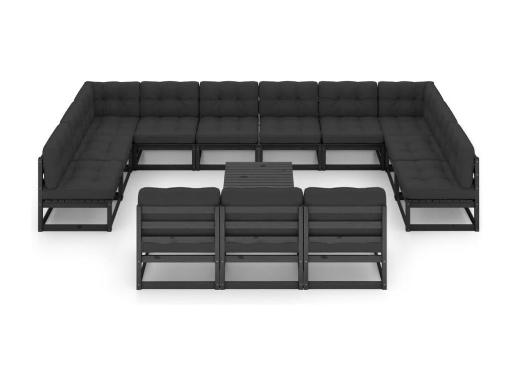 Salon de jardin 14 pièces avec coussins Noir Bois de pin massif