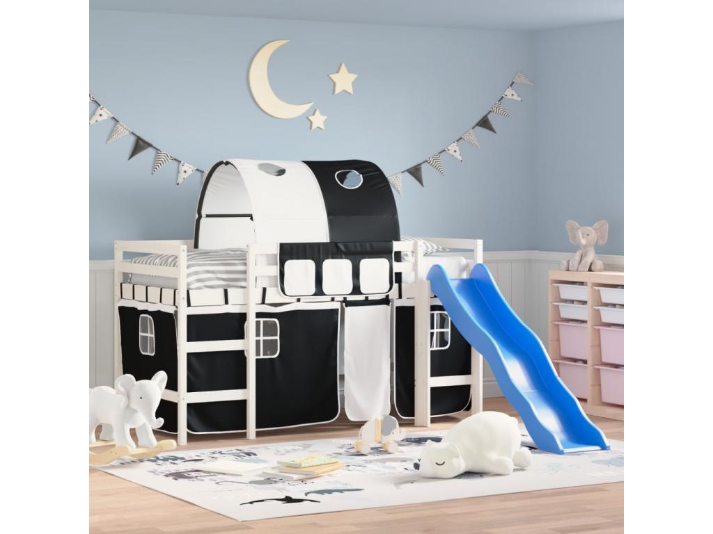 Lit mezzanine enfants et tunnel blanc/noir 80x200cm pin massif