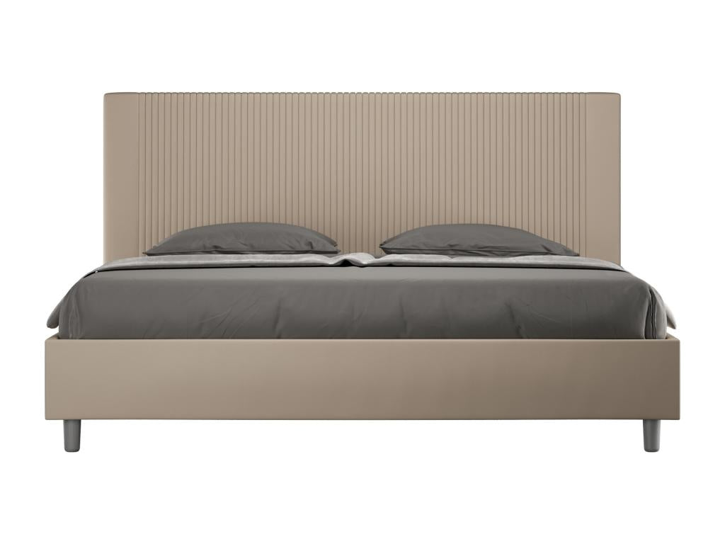 Lit moderne avec tête de lit rayures verticales matelassé simili cuir Bazen-Couleur Beige-180x200-Option Avec coffre