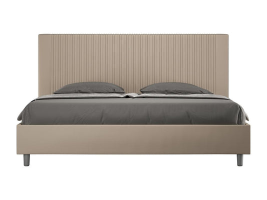 Lit moderne avec tête de lit rayures verticales matelassé simili cuir Bazen-Couleur Beige-180x200-Option Avec coffre