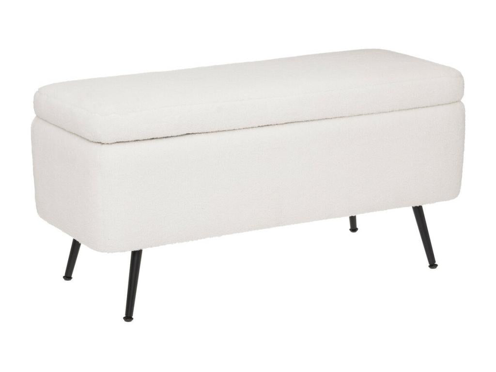 Banc Coffre tissu blanc à bouclettes et pieds en métal 100x40 cm