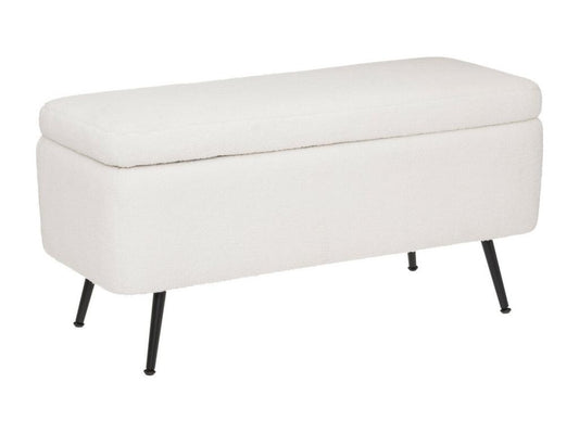 Banc Coffre tissu blanc à bouclettes et pieds en métal 100x40 cm