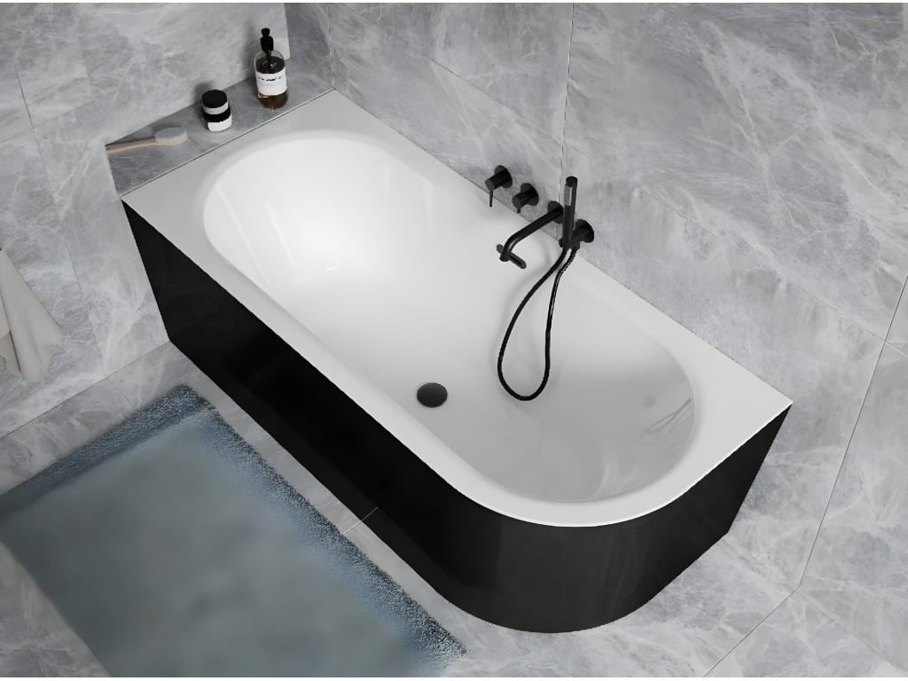 Baignoire d'angle Noir et Blanc Siphon Doré et Vidage inclus Repose tête - Vertchez S CLASSE - GAUCHE - 170x75 cm