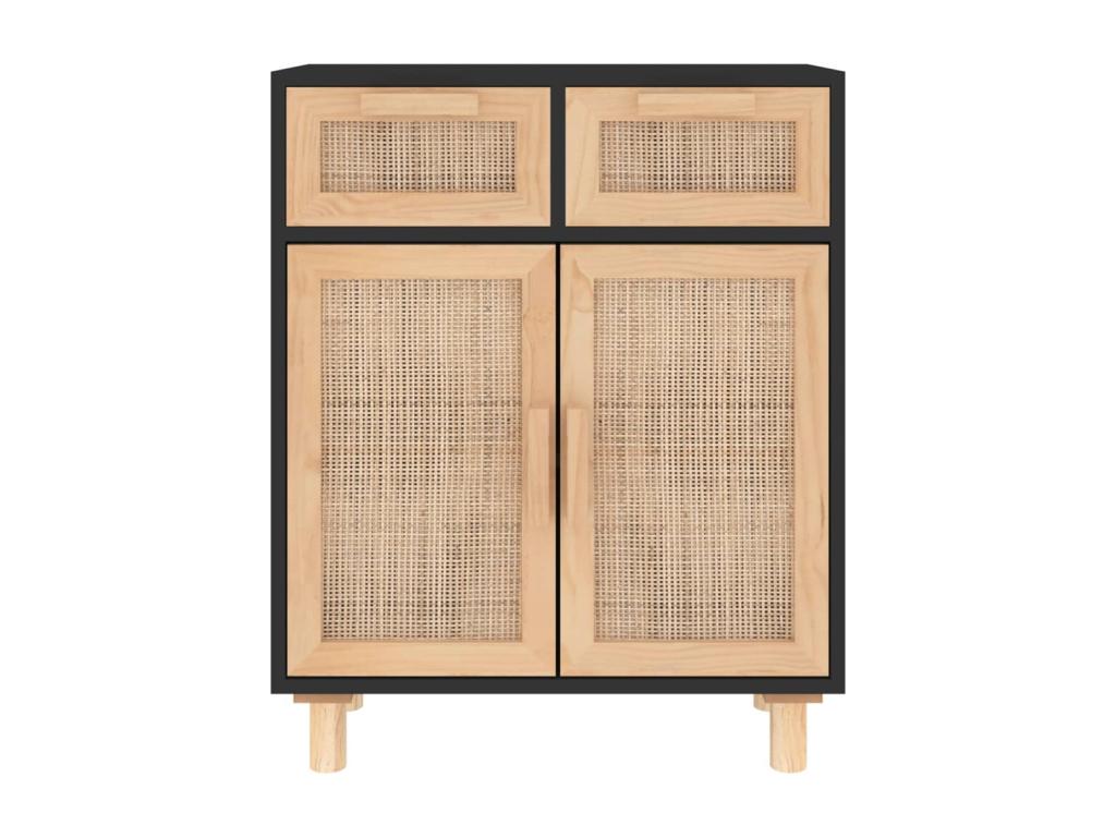 Buffet Noir 60x30x75 cm Bois de pin massif et rotin naturel