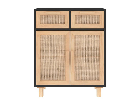 Buffet Noir 60x30x75 cm Bois de pin massif et rotin naturel