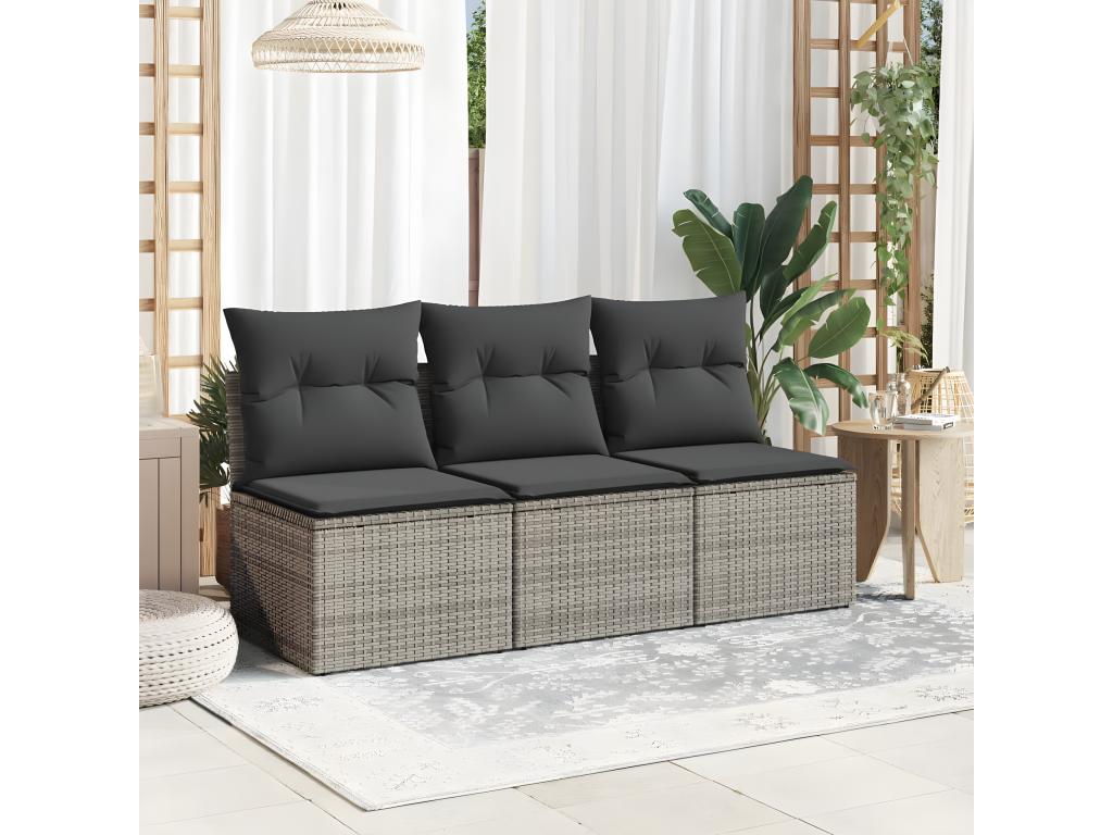 Garden sofa with cushions, 3-seater grey woven resin
