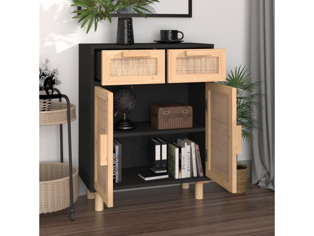 Buffet Noir 60x30x75 cm Bois de pin massif et rotin naturel