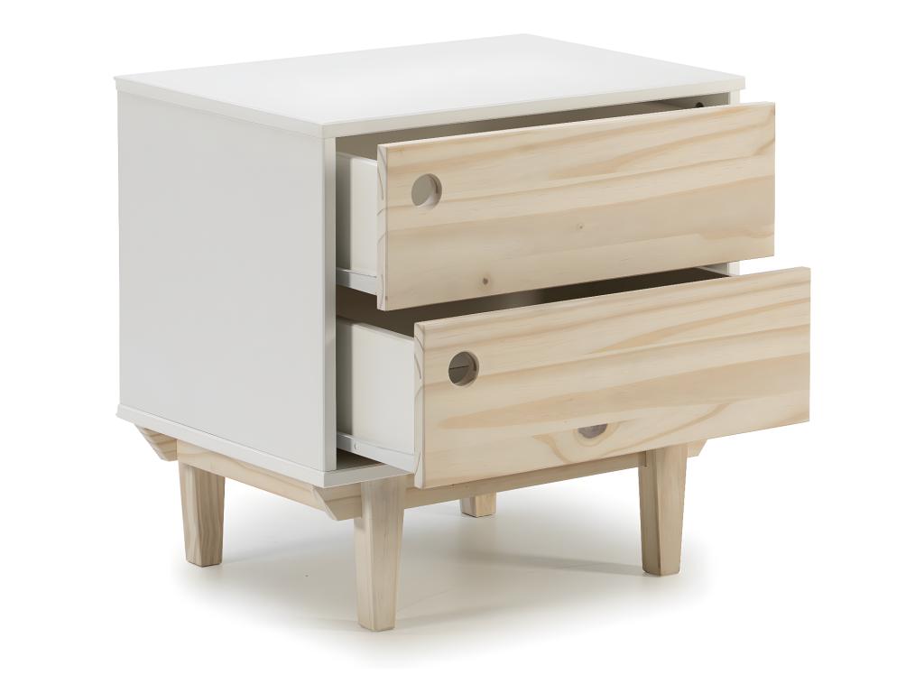 Chevet Roma avec 2 tiroirs en Couleur Blanc Pieds et façades en Bois Naturel