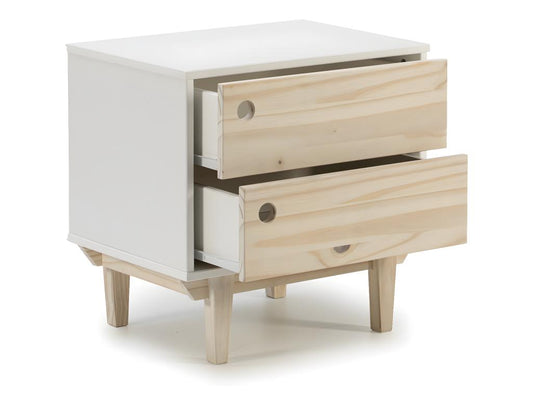 Chevet Roma avec 2 tiroirs en Couleur Blanc Pieds et façades en Bois Naturel