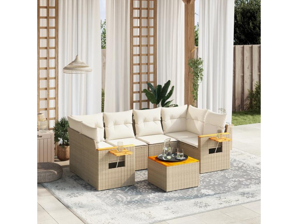 Salon de jardin avec coussins 7 pcs beige résine tressée