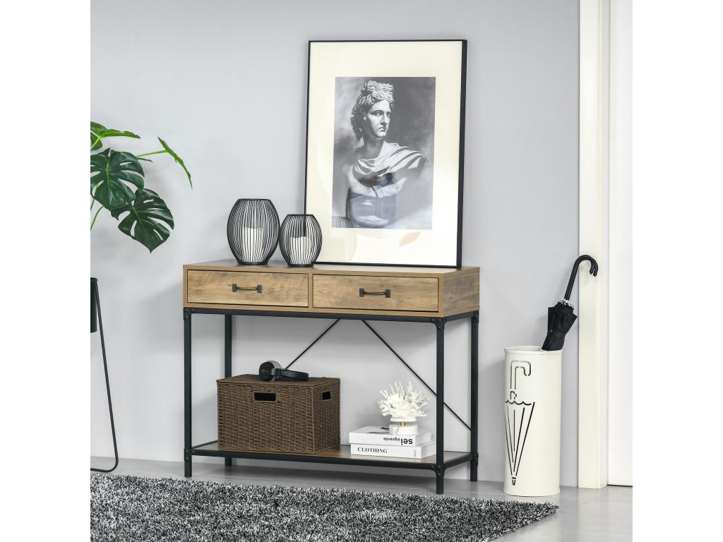 Console table d'appoint design industriel dim- 100L x 35l x 76H cm 2 tiroirs poignées laiton vieilli étagère métal noir aspect bois veinage