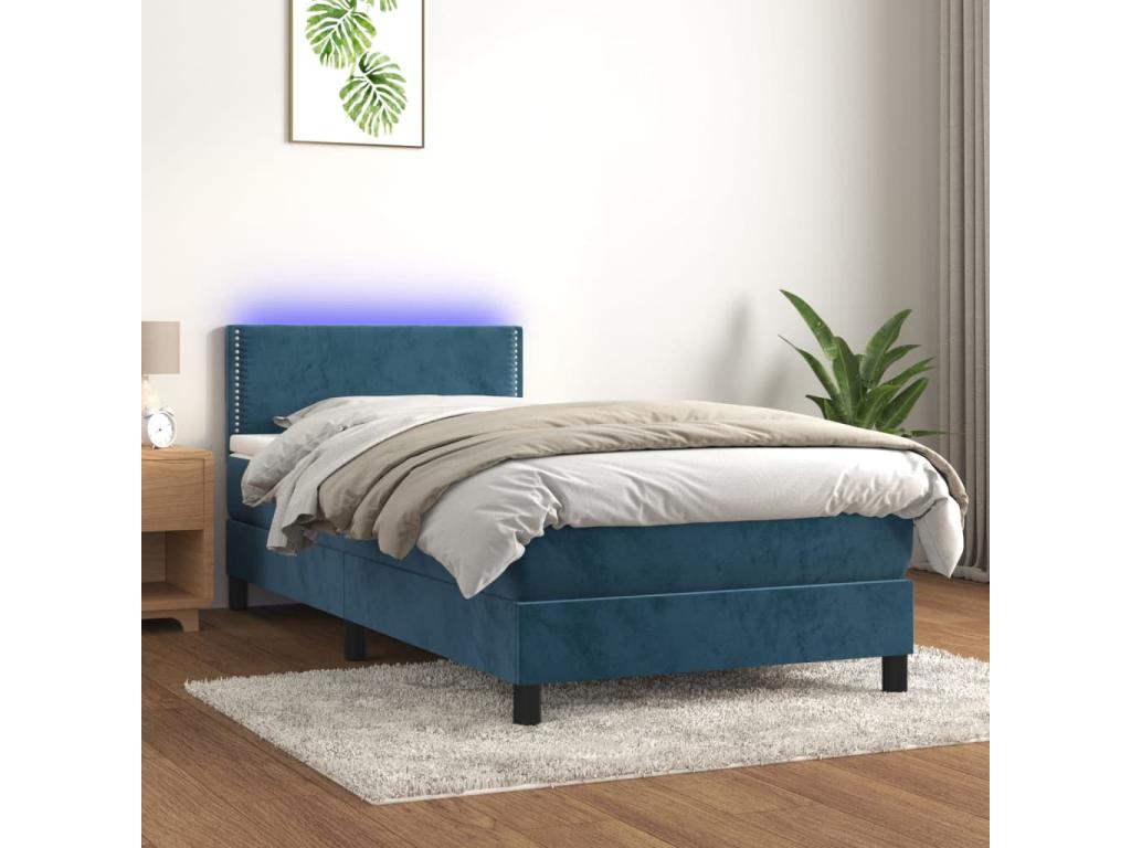 Sommier tapissier et matelas et LED Bleu foncé 90x200cm Velours