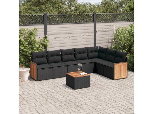 Salon de jardin 8 pcs avec coussins noir résine tressée