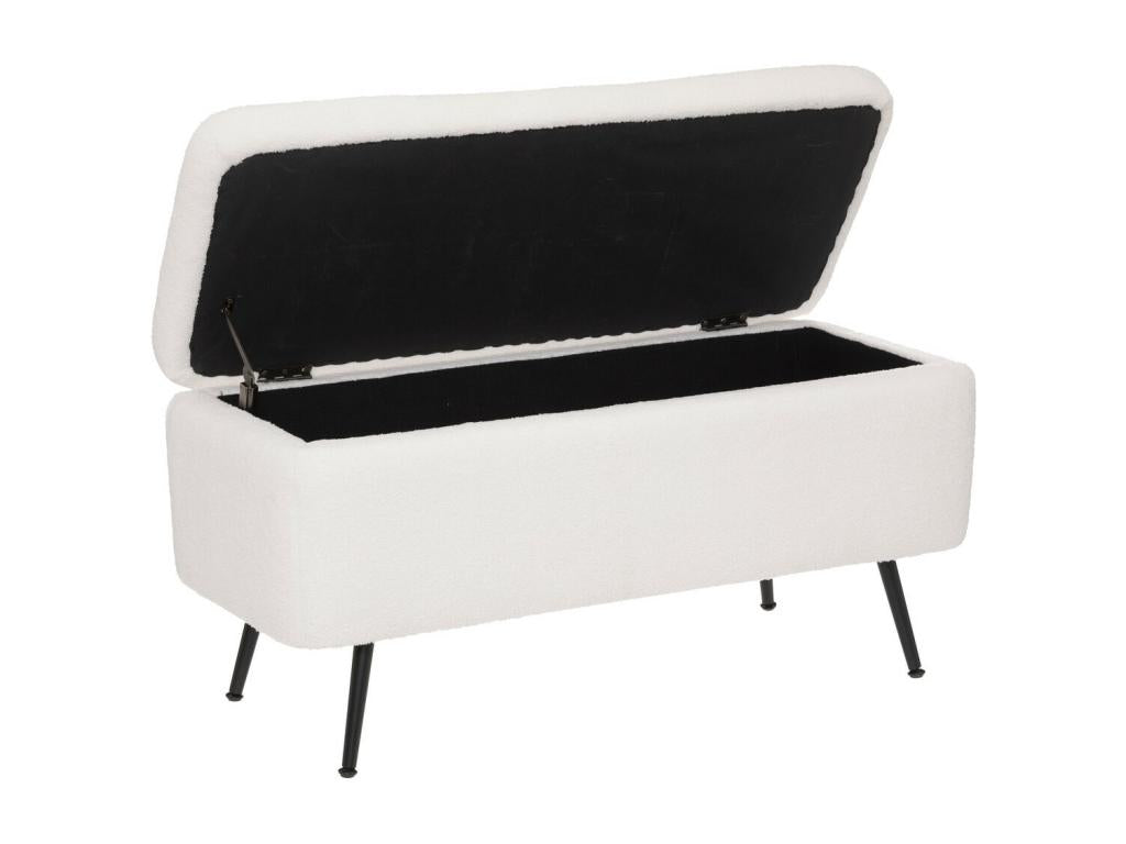 Banc Coffre tissu blanc à bouclettes et pieds en métal 100x40 cm