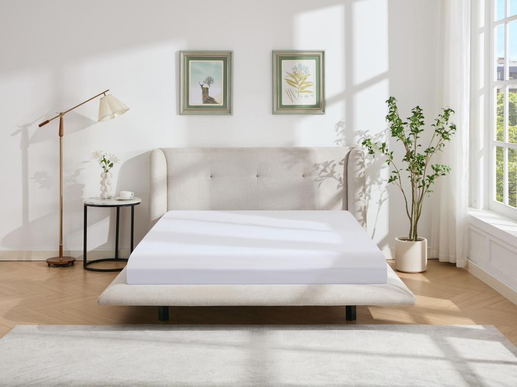 Lit 140x190 cm avec tête de lit capitonnée - Tissu - Beige - Vertchez