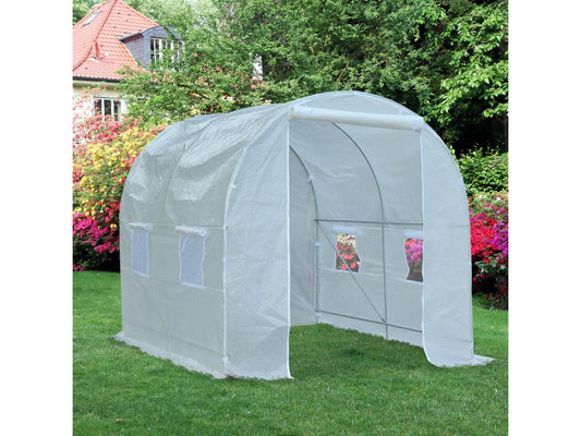 Serre de jardin tunnel surface sol 5 m² 2.5L x 2l x 2H m châssis tubulaire renforcé 18 mm 4 fenêtres blanc