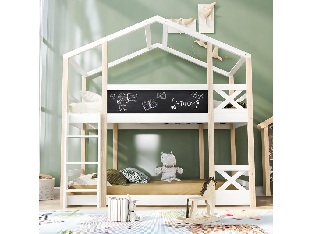 Lit d'enfant cabane avec échelle 90x200 cm Lit surélevé pour enfants- 2x sommier à Vertchez- Nature / Blanc