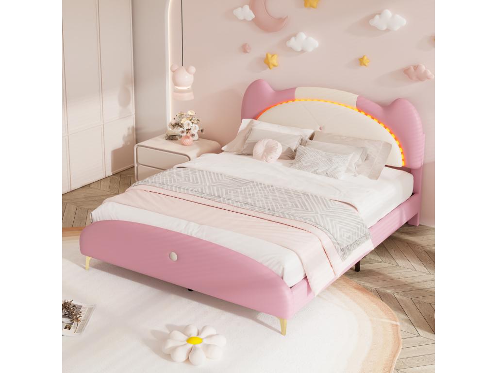 Lit enfant 140x200cm lit double avec sommier à Vertchez et tête de lit avec bandes LED cuir PU beige rose