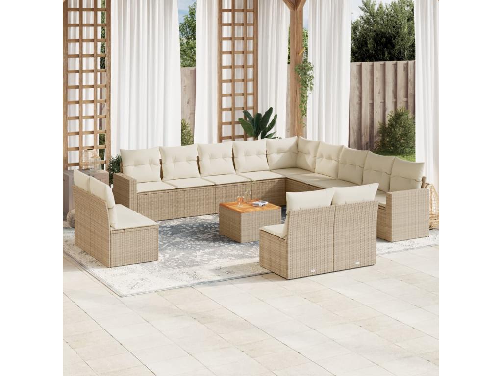 Salon de jardin avec coussins 14 pcs beige résine tressée