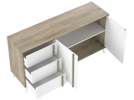 Buffet meuble de rangement en mélamine coloris chêne et blanc - L- 160 x P- 45 x H- 82 cm