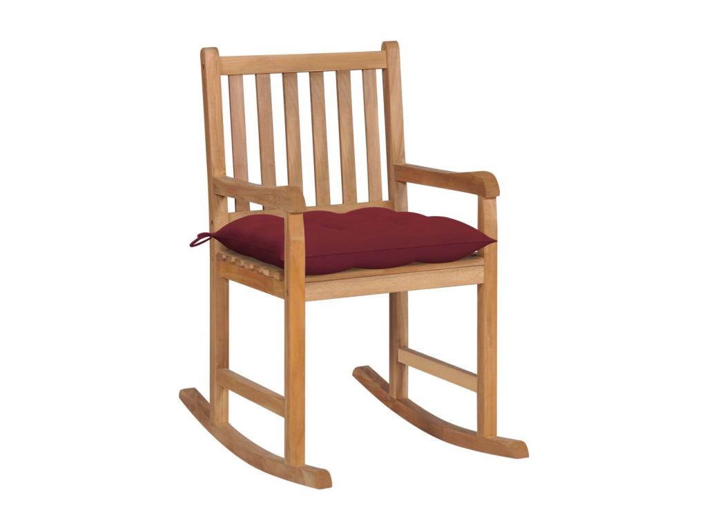 Rocking chair with burgundy red cushion, teak wood