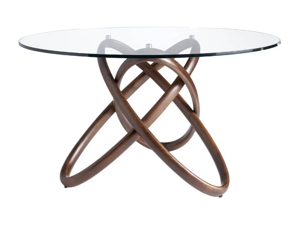 Table à manger ronde design en bois couleur noyer et verre transparent Artista-Diamètre 140 cm