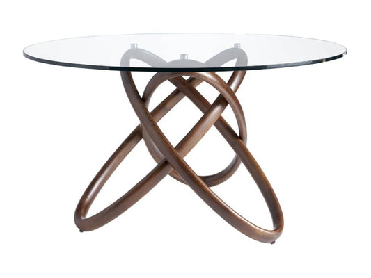 Table à manger ronde design en bois couleur noyer et verre transparent Artista-Diamètre 140 cm