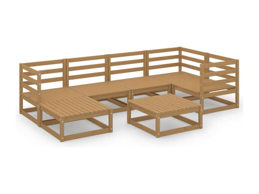 Salon de jardin 7 pièces marron miel bois de pin massif