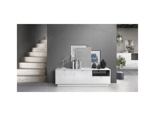 Meuble TV 153 Cm Laqué Blanc Avec Insertion Noir LED lxhxp 153x48x38.