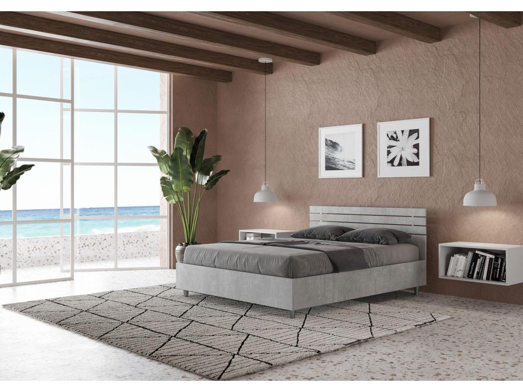 Lit double sans sommier 140x200 tête de lit droite avec des lames gris béton Vertchez