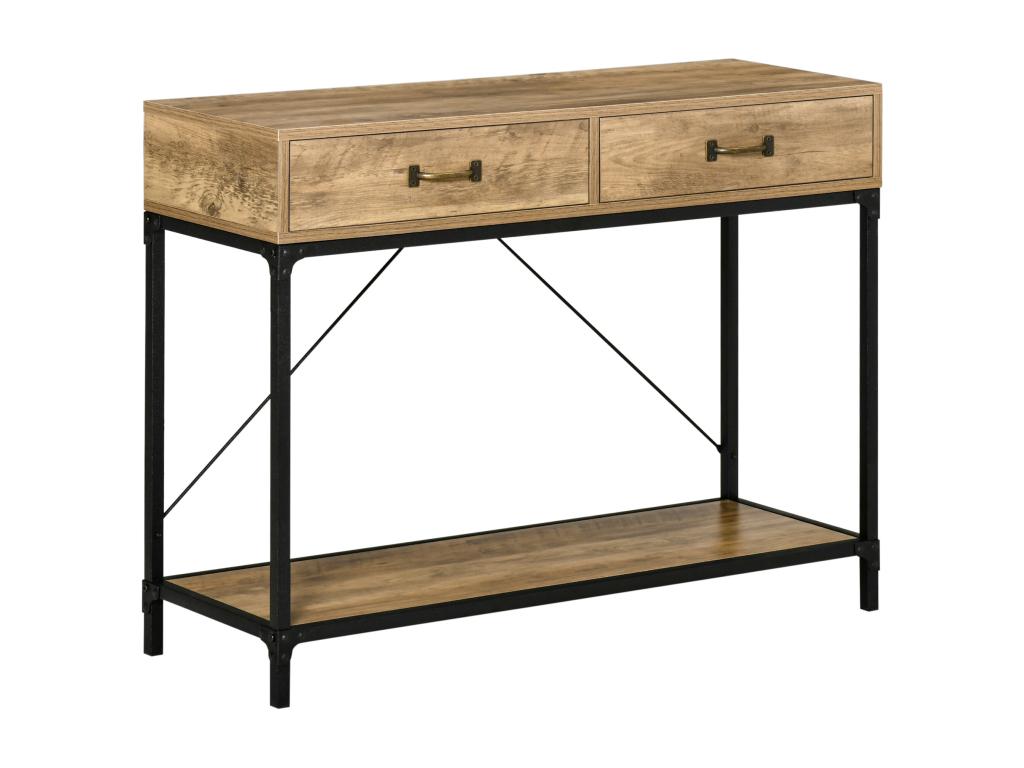 Console table d'appoint design industriel dim- 100L x 35l x 76H cm 2 tiroirs poignées laiton vieilli étagère métal noir aspect bois veinage