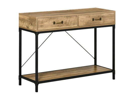 Console table d'appoint design industriel dim- 100L x 35l x 76H cm 2 tiroirs poignées laiton vieilli étagère métal noir aspect bois veinage