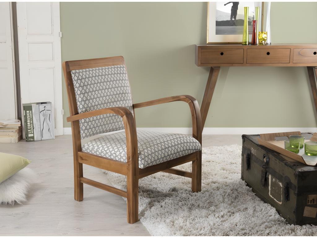 Vertchez - Fauteuil hexago bois teck tissu vert Vertchez