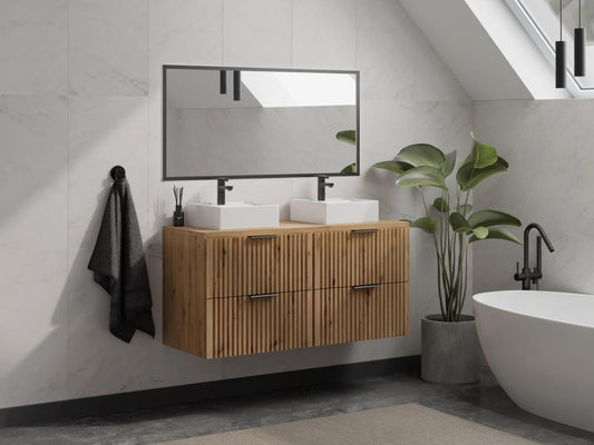 Meuble de salle de bain suspendu strié avec vasque à poser - Naturel clair - L120 cm - Vertchez