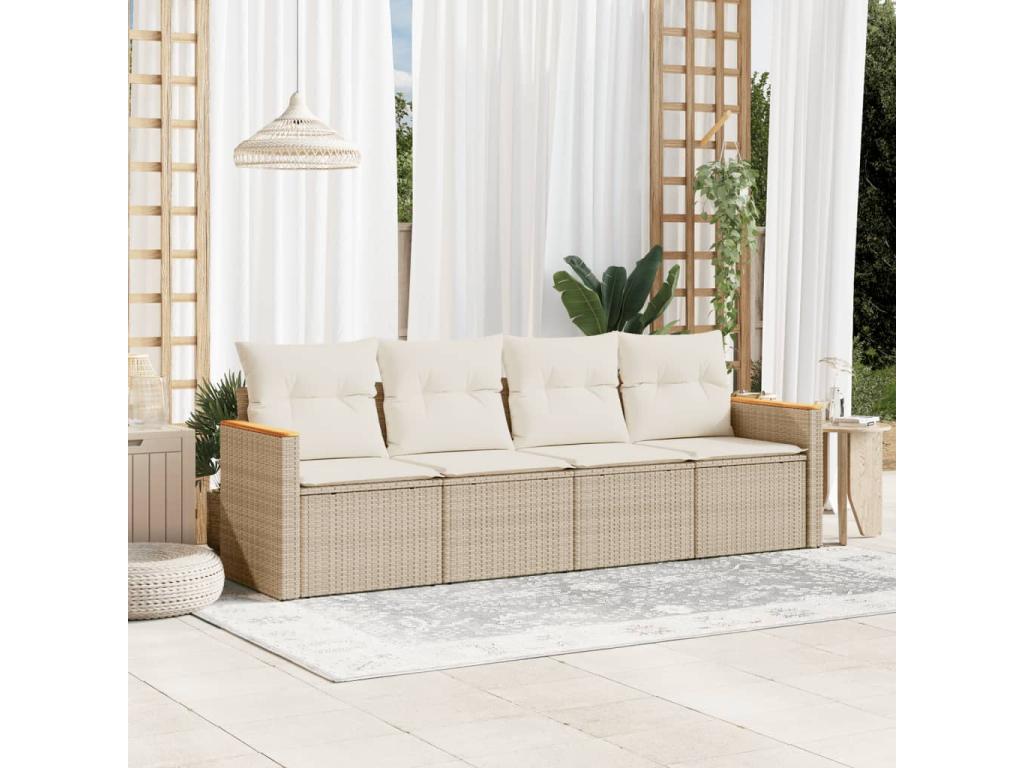 Salon de jardin avec coussins 4 pièces beige résine tressée