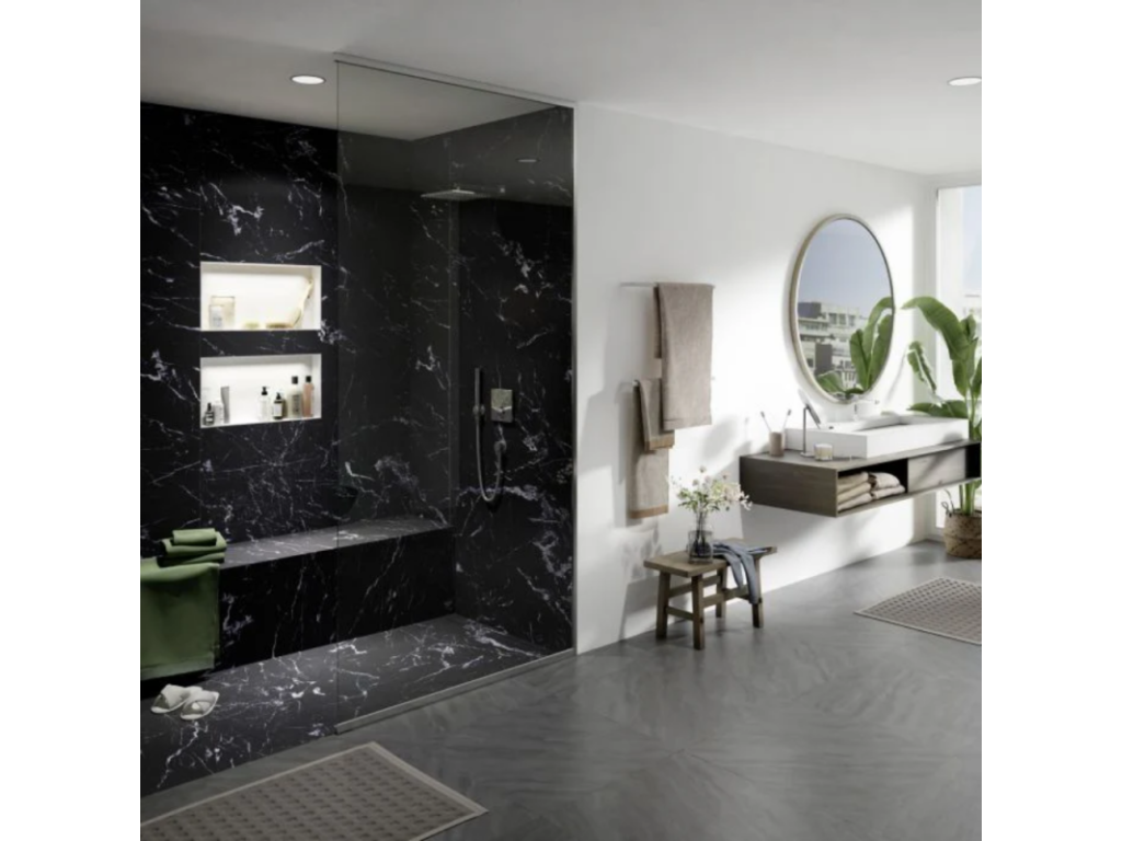 Receveur de douche à carreler 120x90 Vertchez neo revêtement Vertchez marble black colle ecoulement linéaire vertical Vertchez étancheité