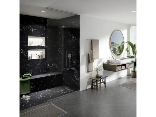 Receveur de douche à carreler 120x90 Vertchez neo revêtement Vertchez marble black colle ecoulement linéaire vertical Vertchez étancheité