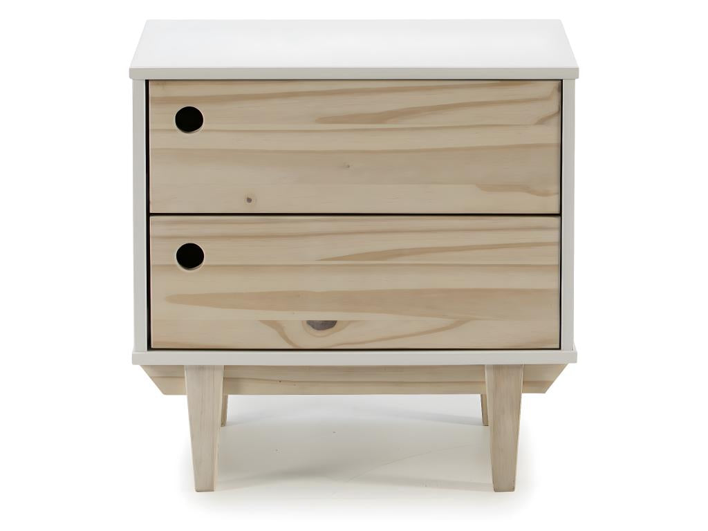 Chevet Roma avec 2 tiroirs en Couleur Blanc Pieds et façades en Bois Naturel