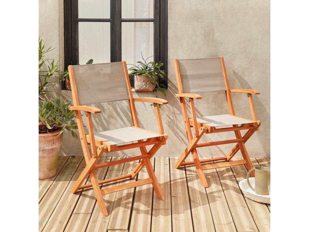 Fauteuils de jardin en bois et textilène - Vertchez Gris Vertchez - 2 fauteuils pliants en bois d'Eucalyptus huilé et textilène