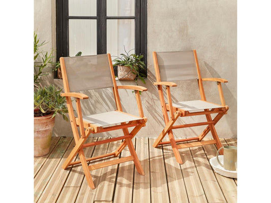 Fauteuils de jardin en bois et textilène - Vertchez Gris Vertchez - 2 fauteuils pliants en bois d'Eucalyptus huilé et textilène