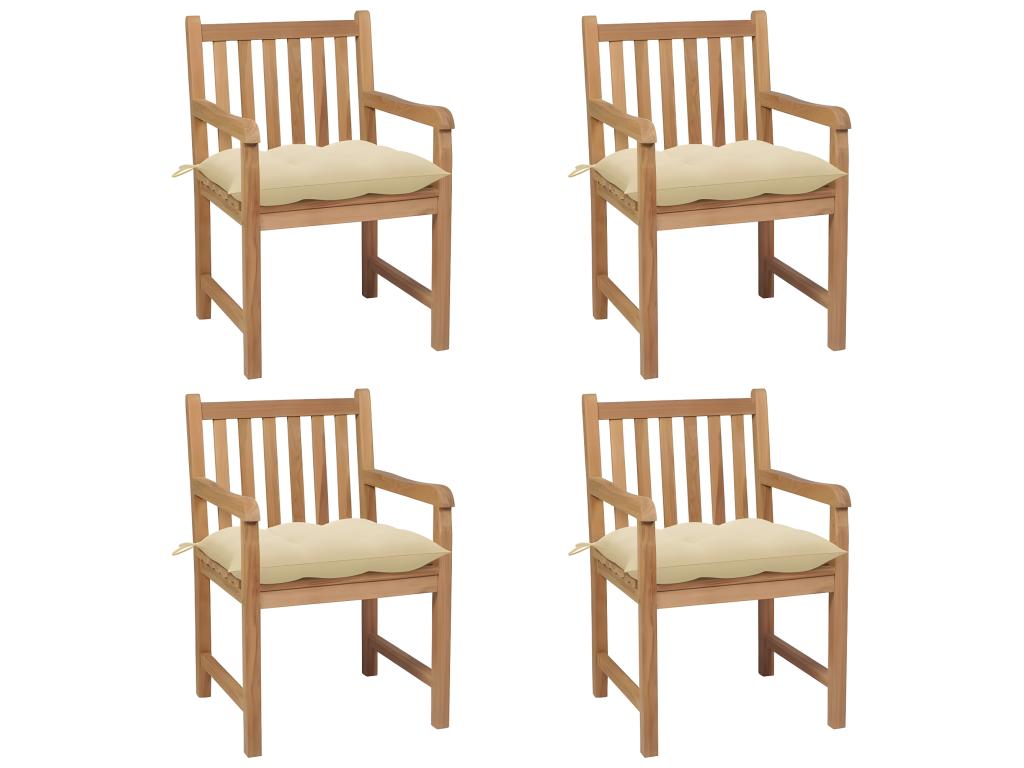 Chaises de jardin lot de 4 et coussins blanc crème Teck solide