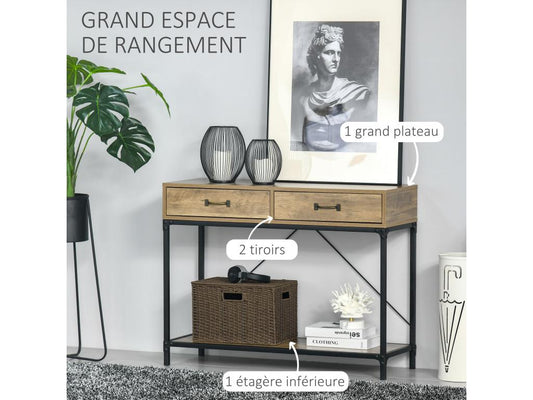 Console table d'appoint design industriel dim- 100L x 35l x 76H cm 2 tiroirs poignées laiton vieilli étagère métal noir aspect bois veinage