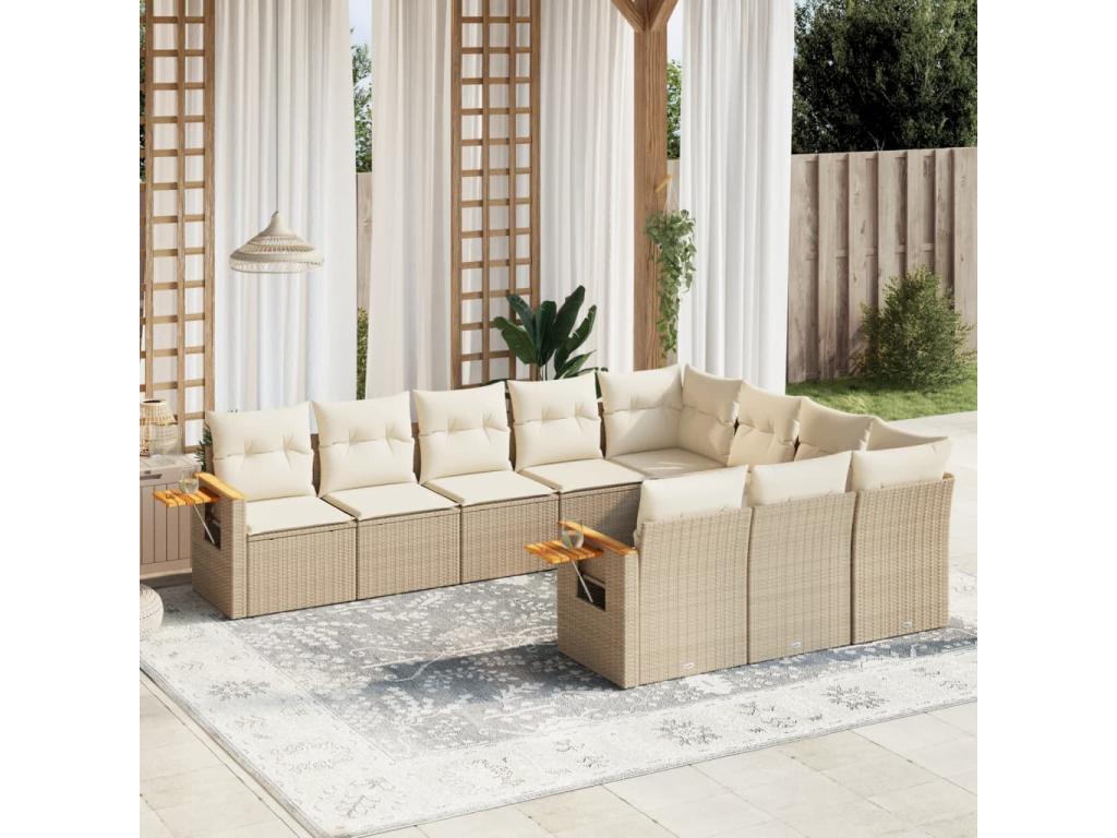 Salon de jardin avec coussins 10 pcs beige résine tressée