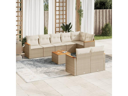 Salon de jardin avec coussins 9 pcs beige résine tressée