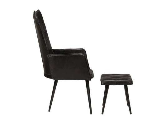 Fauteuil à oreilles avec repose-pied Noir Cuir véritable